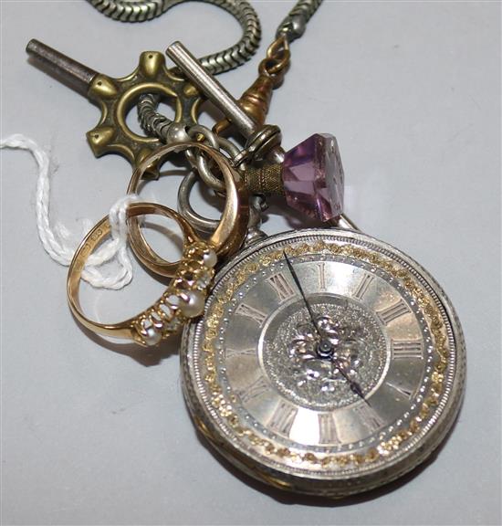 An 18ct gold, pearl and diamond ring, an 8ct gold and ruby gypsy-set ring and a silver open face pocket watch on chain (glass missing)